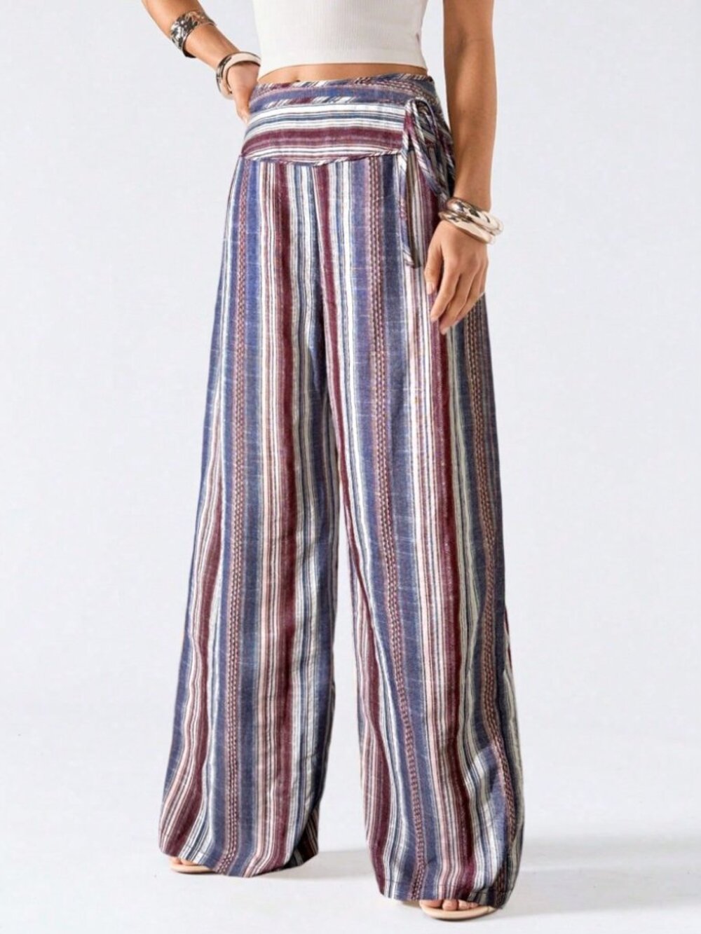Blue Multicolor Striped Wide Leg Tie Waist Lightweight Crinkled Pants